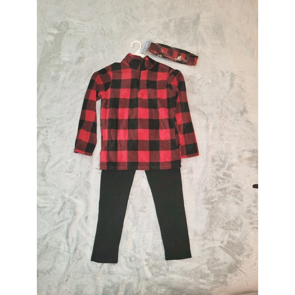 Btween Girls Size 7 Buffalo Plaid 1/4 Zip Fleece Black Pants Matching Headband